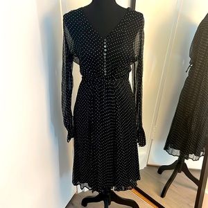 Beautiful, delicate vintage black polka dot Nicole Farhi dress w silk lining US8